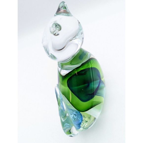 Art Glass Blue and Green Cat Figurine Curling Tail Paperweight - Picture 2 of 12